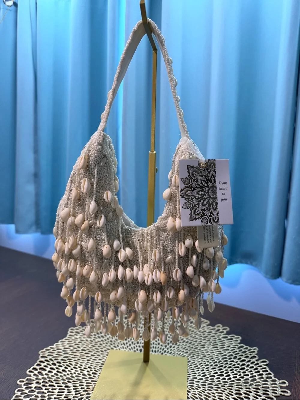 From India To You NWT Hand-Beaded Cowrie Shell Fringe Shoulder Bag Boho Coastal